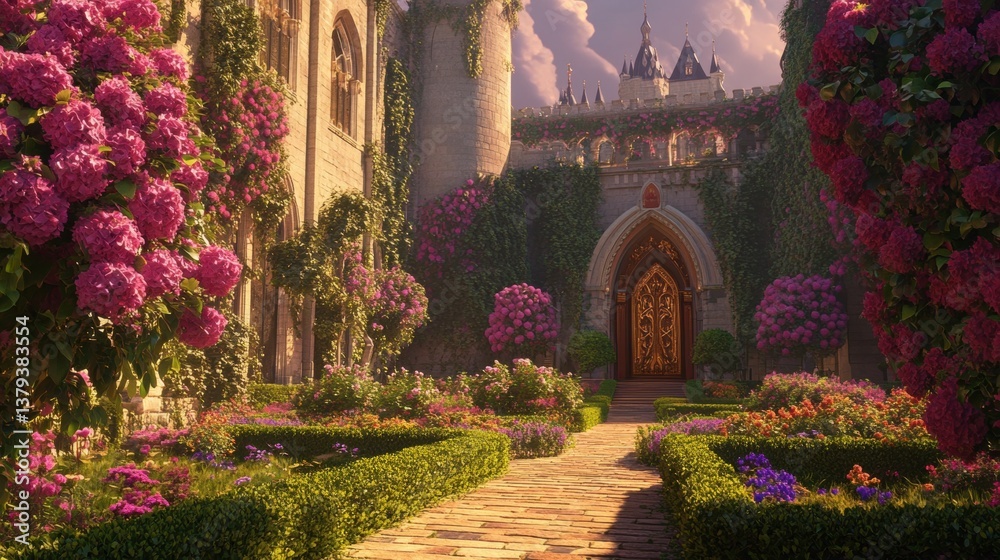 Fototapeta premium A beautifully landscaped garden leading to an ornate castle entrance, featuring lush foliage and vibrant pink flowers. The path, made of cobblestones, guides the viewer toward intricately designed woo