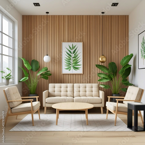 Scandinavian living room with light wood slat wall, beige sofa and armchairs around a round coffee table, and minimalist decor with plants.
