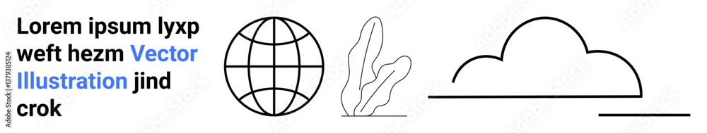 Globe with grid, abstract plant lines, and simple cloud with linework. Ideal for environmental, global, minimal design, technology, weather, climate educational themes simple landing page Globe with grid, abstract plant lines, and simple cloud with linework. Ideal for environmental, global, minimal design, technology, weather, climate educational themes simple landing page