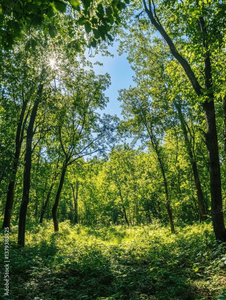 Fototapeta premium Sunlit Forest Path for Lush Green Canopy.
