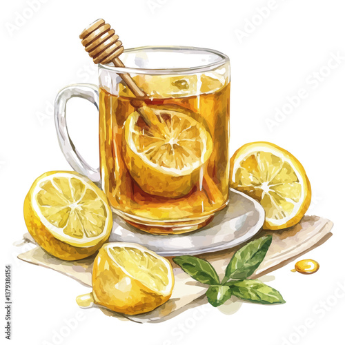 A watercolor vector painting of Lemon Honey Tea, isolated on a white background.

