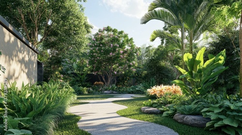 Serene Pathway Through Lush Tropical Garden in Bright Daylight