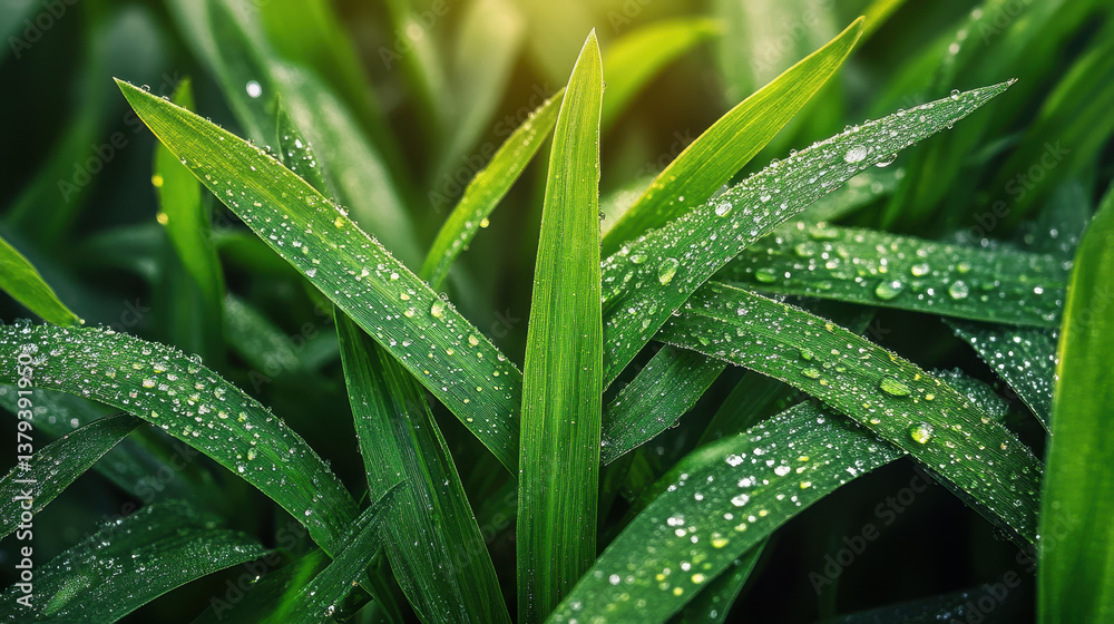 Close-up of dew on grass blades, sun rays shining through, macro photography. Water droplets glisten in the morning light Close-up of dew on grass blades, sun rays shining through, macro photography. Water droplets glisten in the morning light