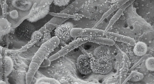 Close up microscopic view of bacteria and cells with small particles scattered around them in gray tones