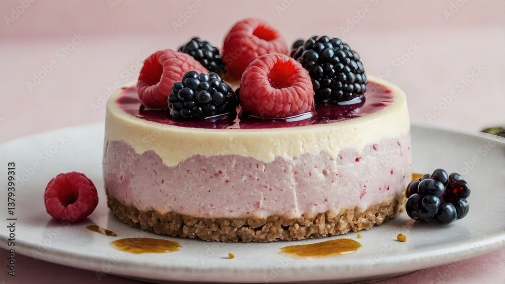 Vegan cheesecake dessert topped with berry compote
