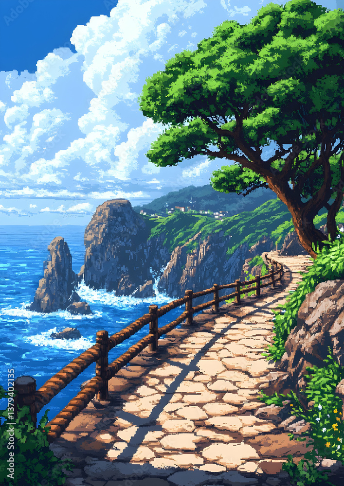 Pixel Art of Scenic Coastal Path with Blue Ocean Rocks and Lush Green Vegetation Under Cloudy Sky