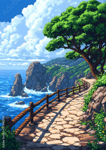 Obraz na płótnie Pixel Art of Scenic Coastal Path with Blue Ocean Rocks and Lush Green Vegetation Under Cloudy Sky w salonie