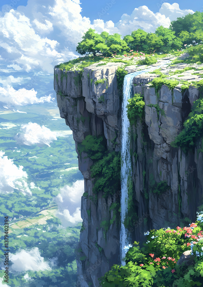Pixel Art of Waterfall Cascading down Cliffside with Lush Greenery and Distant Blue Sky with Clouds