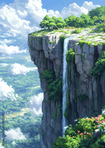 Obraz na płótnie Pixel Art of Waterfall Cascading down Cliffside with Lush Greenery and Distant Blue Sky with Clouds w salonie