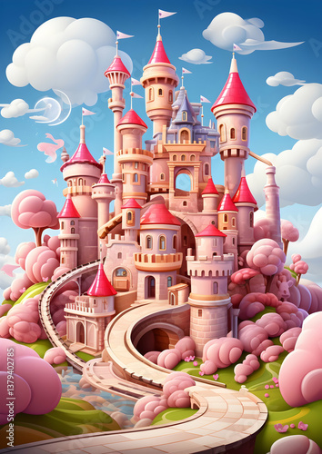 Obraz na płótnie Pixel Art Pink Castle with Fairytale Towers and Lush Green Hills Under Cloudy Blue Sky and Floral Pathway w salonie