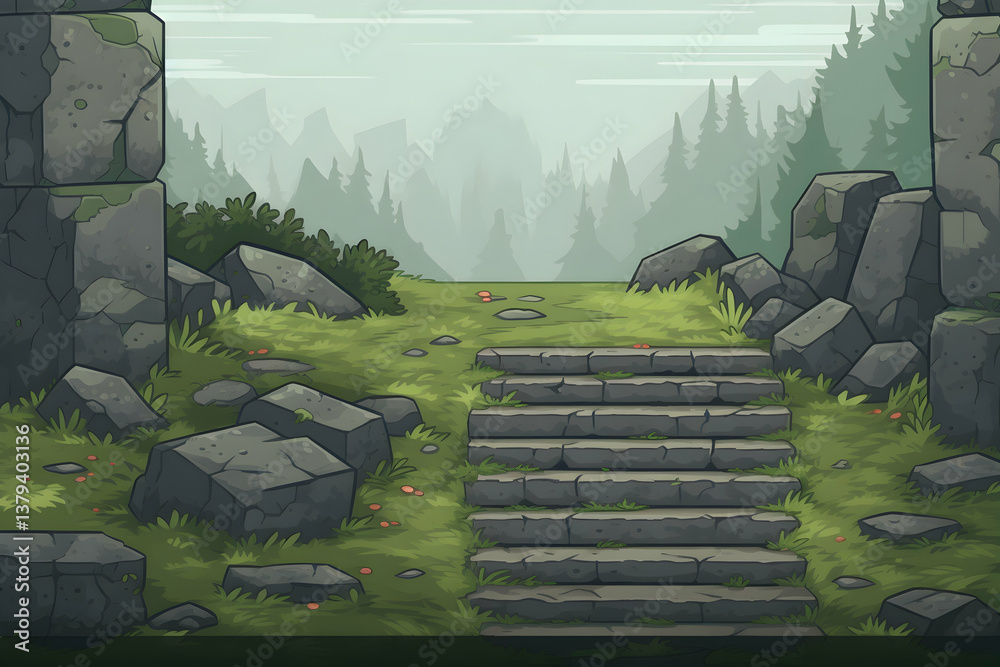 Pixel Art Stone Stairway Leading to a Misty Forest Mountain View with Green Grass and Rock Formations