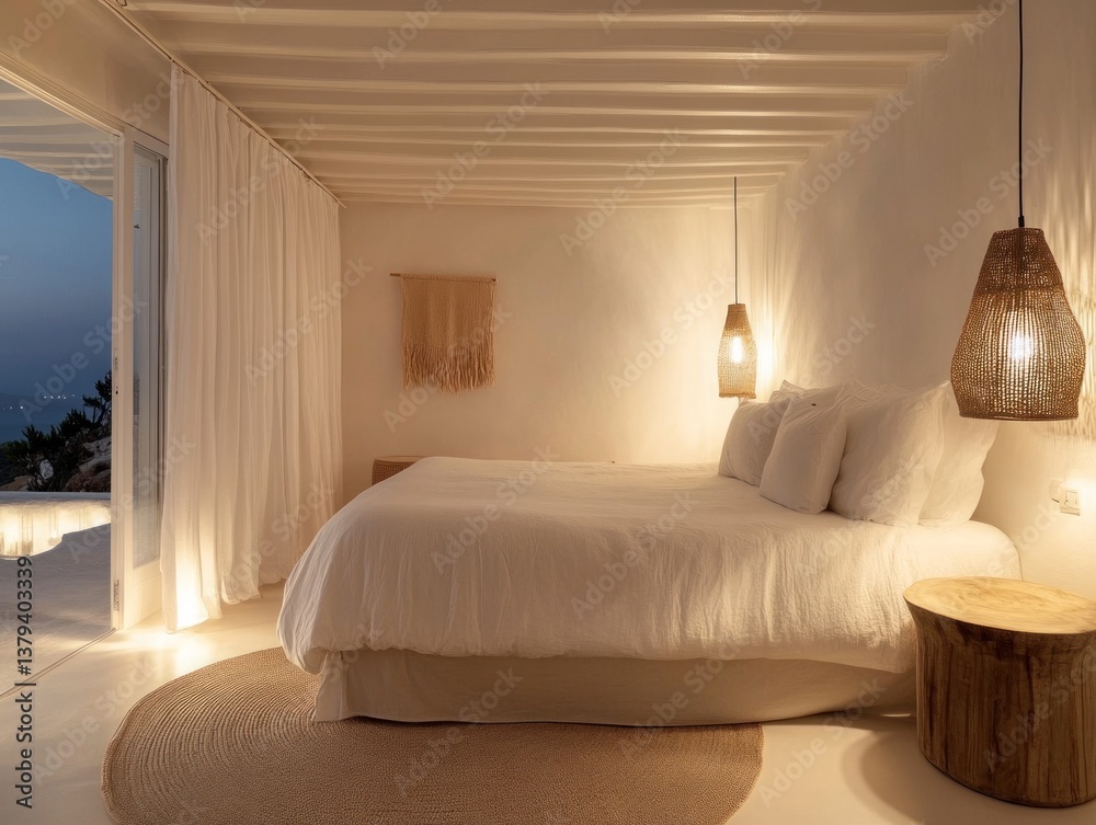 A serene bedroom features a comfortable bed and warm lighting fixtures A serene bedroom features a comfortable bed and warm lighting fixtures