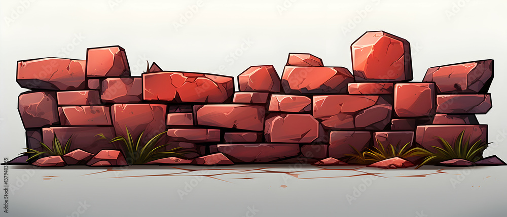 Rustic Red Brick Wall with Moss Pixel Art Style Texture Surface Structure Blocks in Ancient Ruins Design with Strong Weathered Background Element