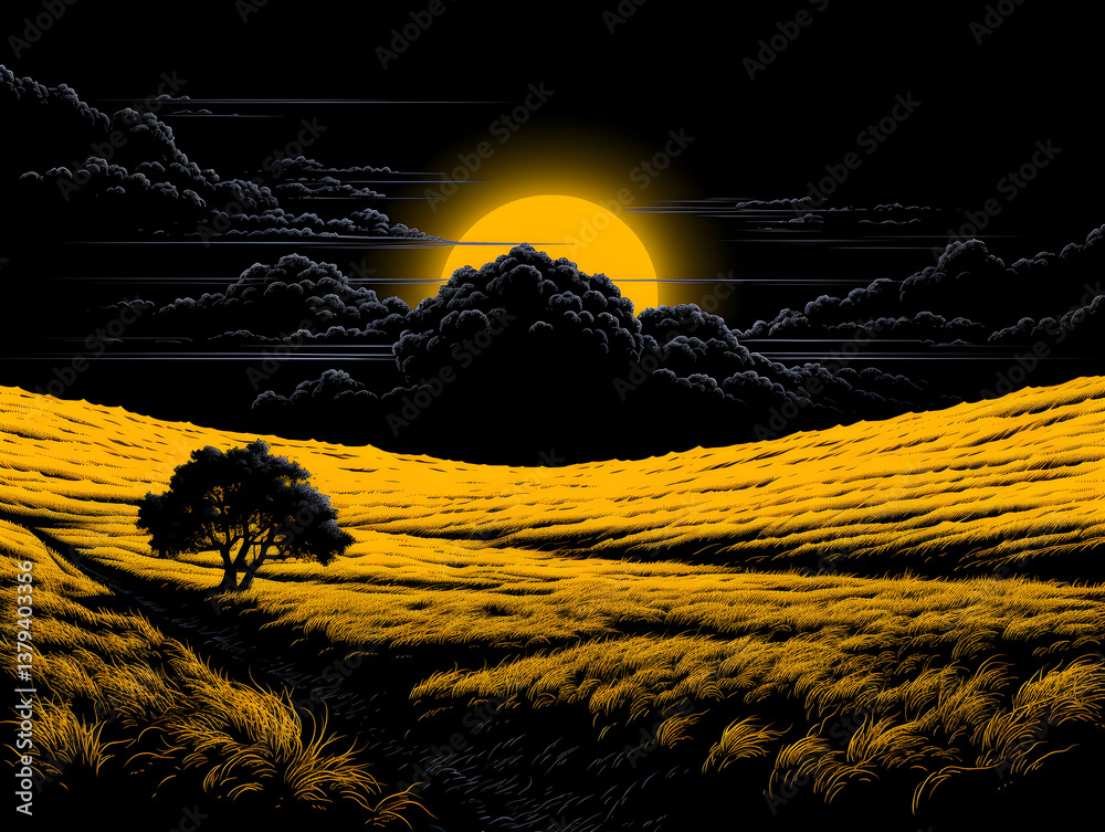 Pixel Art Sunset Over Golden Field with Solitary Tree Under Dark Cloudy Sky