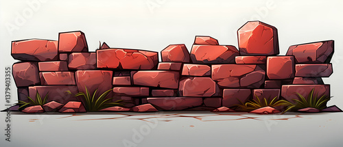 Obraz na płótnie Rustic Red Brick Wall with Moss Pixel Art Style Texture Surface Structure Blocks in Ancient Ruins Design with Strong Weathered Background Element w salonie