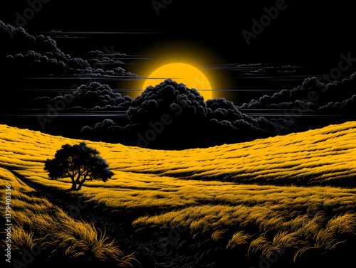 Obraz na płótnie Pixel Art Sunset Over Golden Field with Solitary Tree Under Dark Cloudy Sky w salonie