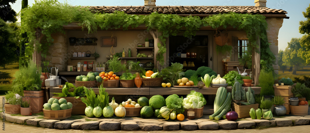 Rustic Vegetable Stand with Abundant Produce Displayed on Stone Terrace in Countryside Setting with Fresh Vegetables and Greenery Decorating the Architecture