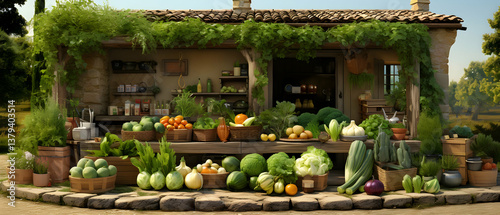 Obraz na płótnie Rustic Vegetable Stand with Abundant Produce Displayed on Stone Terrace in Countryside Setting with Fresh Vegetables and Greenery Decorating the Architecture w salonie