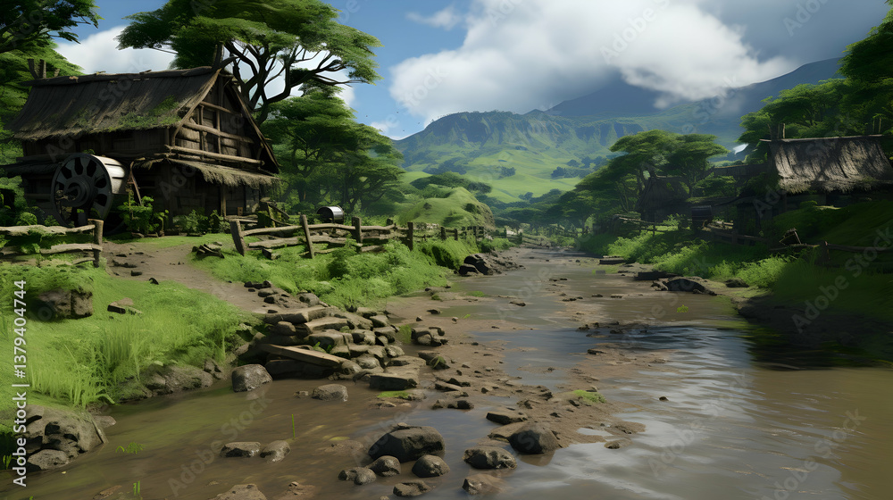 Rustic Wooden House Beside a Muddy River with Mountain Backdrop in Sunny Day