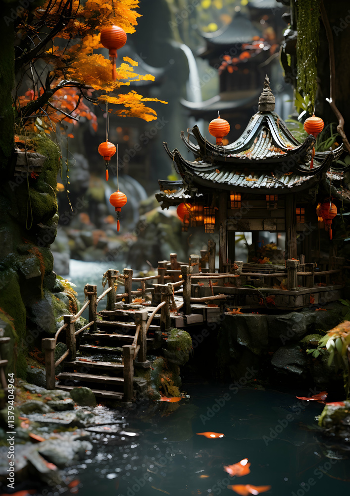 Scenic Autumn Landscape with Traditional Asian Architecture Pagoda Lanterns and Bridge Over Reflective River with Lush Autumnal Foliage