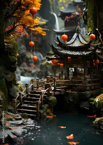 Scenic Autumn Landscape with Traditional Asian Architecture Pagoda Lanterns and Bridge Over Reflective River with Lush Autumnal Foliage