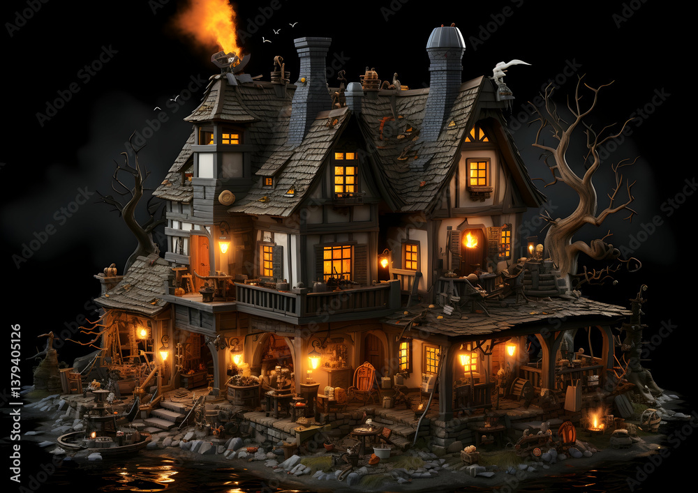 Spooky Halloween Theme Stone House with Orange Lights and Bare Trees on Misty Night Architecture in Pixel Art