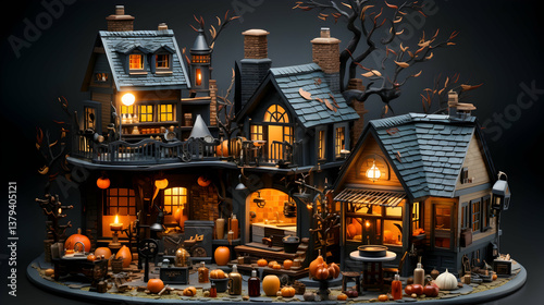 Obraz na płótnie Spooky Halloween House with Pumpkins and Candles on Dark Background for Holiday Celebration and Festive Design with Autumnal Colors and Rustic Village Setting w salonie