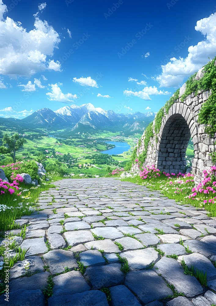 Stone Pathway Leading to Mountain View Through Archway with Green Valley and Alpine Peaks Under Blue Skies