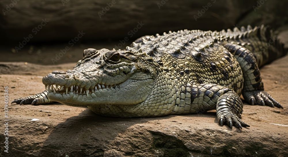 Fototapeta premium Dangerous Crocodile Resting on a Rock, Showing Teeth in Natural Habitat