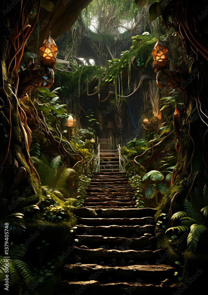 Stone Stairway Leading Through Lush Green Jungle Foliage with Golden Lanterns Illuminating the Path in Tropical Forest
