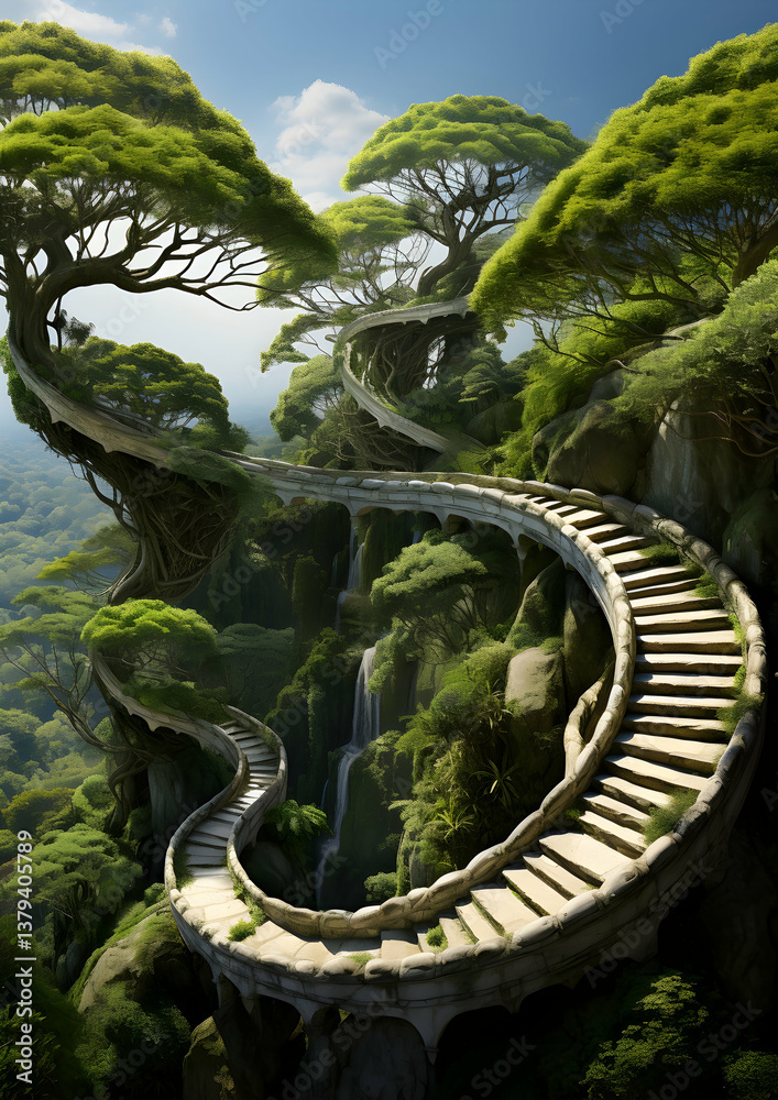 Stone Stairs Winding Through Lush Green Forest Landscape With a Tranquil Natural Environment on a Sunny Day
