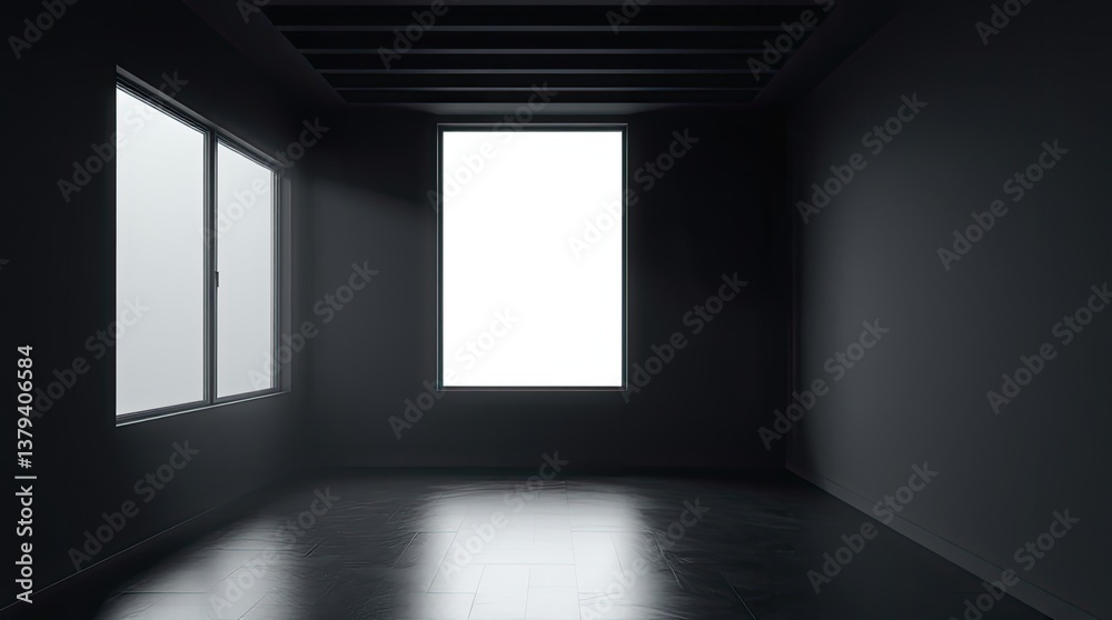 Fototapeta premium A dark modern room with large bright windows present