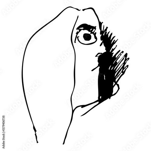 Funny human head with round eye in profile. Hand drawn linear doodle rough sketch. Black and white silhouette.