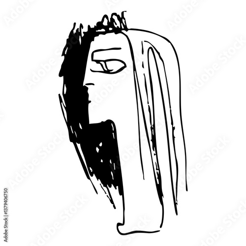 Stylized head of a woman in profile. Fantastic female portrait. Hand drawn linear doodle rough sketch. Black and white silhouette.