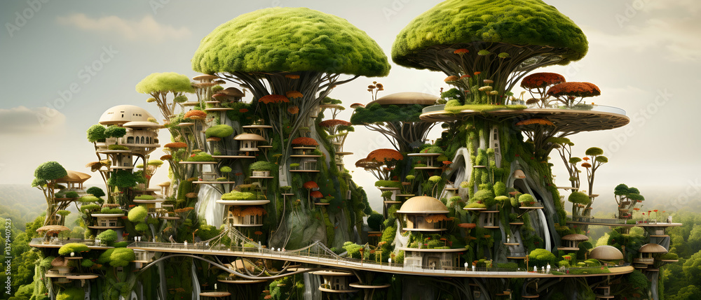 Verdant Treehouse Cityscape Featuring Unique Architecture in an Elevated Forest Setting Against Sky Background