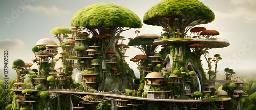 Obraz na płótnie Verdant Treehouse Cityscape Featuring Unique Architecture in an Elevated Forest Setting Against Sky Background w salonie
