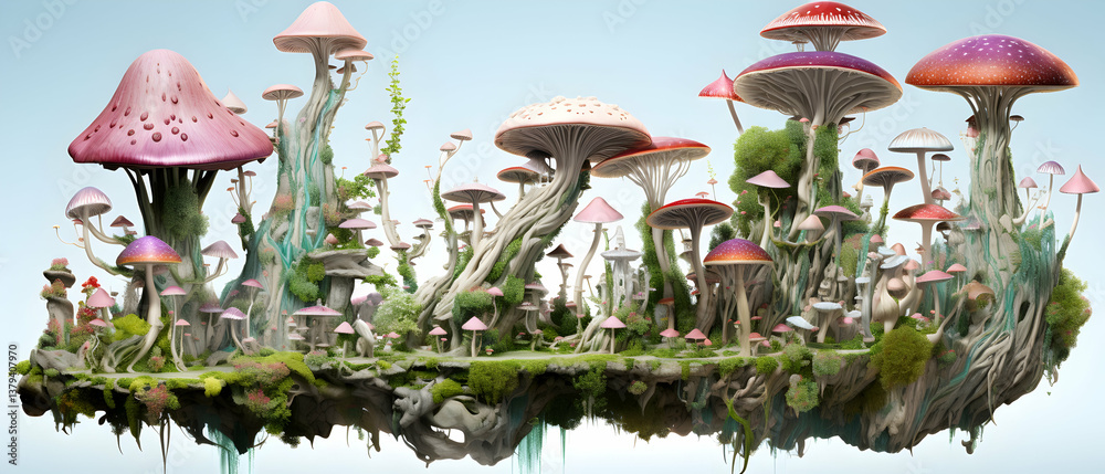 Vibrant Mushroom Forest Landscape Featuring Pink and Red Capped Fungi Covered in Moss and Vines on a Mound Floating in a Clear Sky