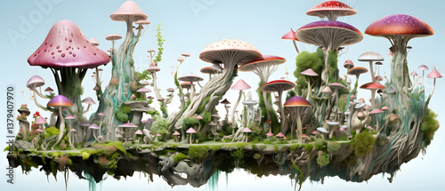 Vibrant Mushroom Forest Landscape Featuring Pink and Red Capped Fungi Covered in Moss and Vines on a Mound Floating in a Clear Sky