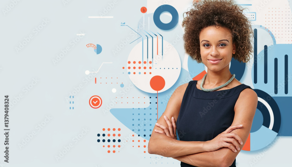 Professional, woman and portrait by animation background with arms crossed for company, career and pride. Confident, person and data analyst by charts for business intelligence, infographics and work