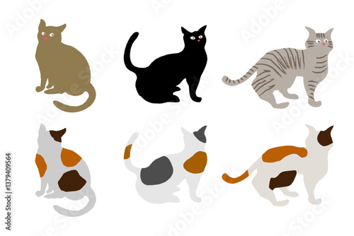 猫・キャット　黒猫・キジトラ・三毛猫　手書きイラスト　素材セット