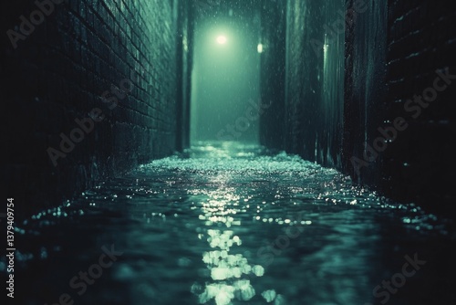 Mysterious dark alley with wet pavement and green lighting at night