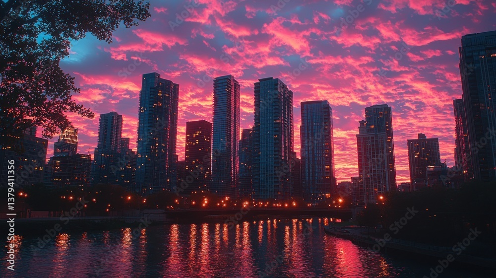 Fototapeta premium Chicago Skyline at Pink Sunrise over Canal