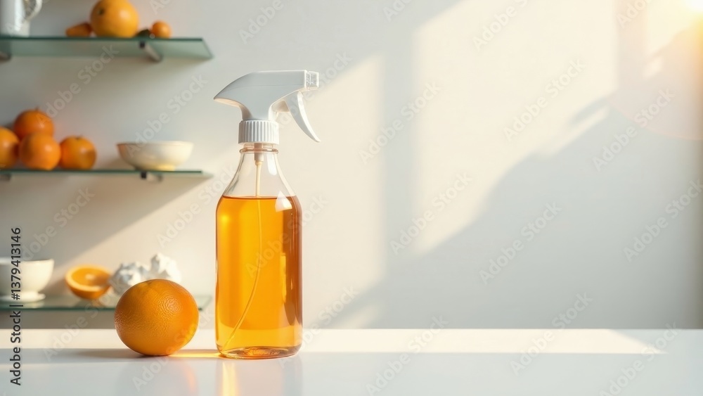 A spray bottle of citrus-scented cleaning solution sits on a pristine white surface, bathed in sunlight, with oranges in the background on shelves.