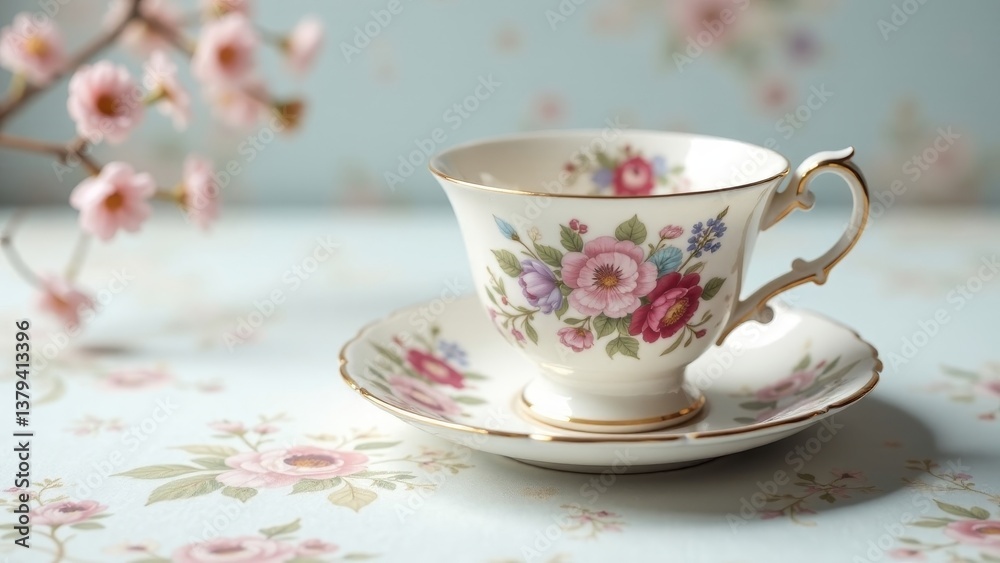 Elegant floral teacup and saucer set on a delicate patterned surface, perfect for a relaxing afternoon tea Elegant floral teacup and saucer set on a delicate patterned surface, perfect for a relaxing afternoon tea
