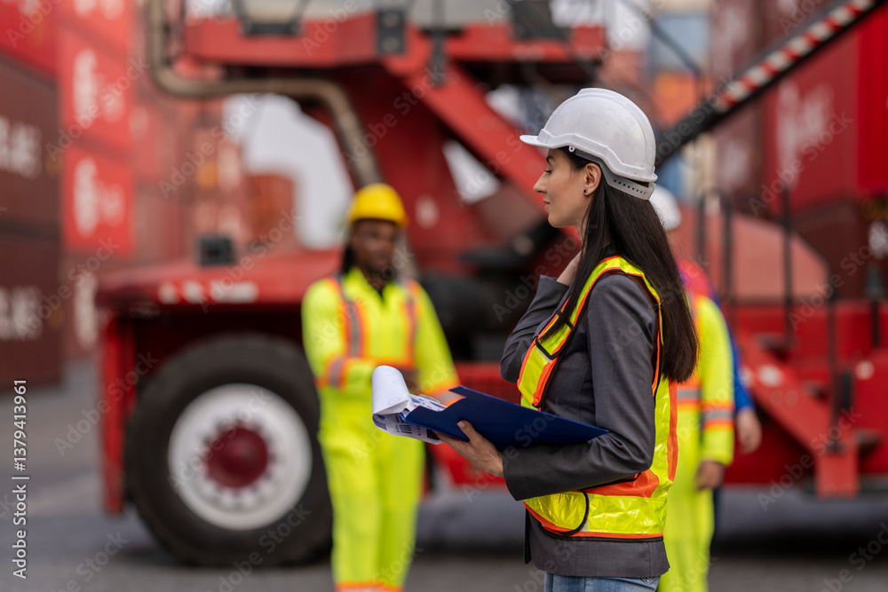 Team logistics workers in high visibility safety gear and hard hats discuss operations at a busy shipping container yard. Team multi nationality working together on site container warehouse. Team logistics workers in high visibility safety gear and hard hats discuss operations at a busy shipping container yard. Team multi nationality working together on site container warehouse.