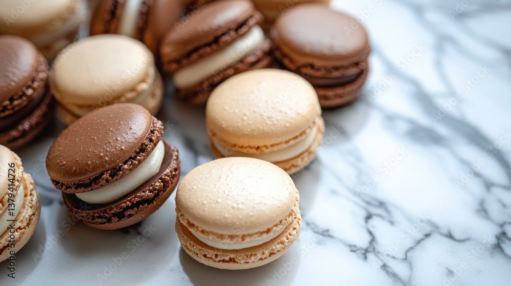 Assorted macarons on marble countertop Assorted macarons on marble countertop