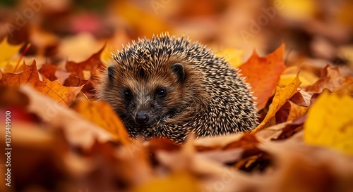 Wallpaper Mural Adorable hedgehog nestled in vibrant autumn leaves during fall season Torontodigital.ca