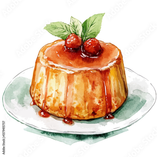 A watercolor vector painting of Malva Pudding, isolated on a white background.

