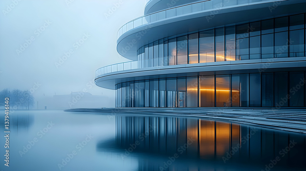 Fototapeta premium Modern architectural design reflected in water, surrounded by fog.