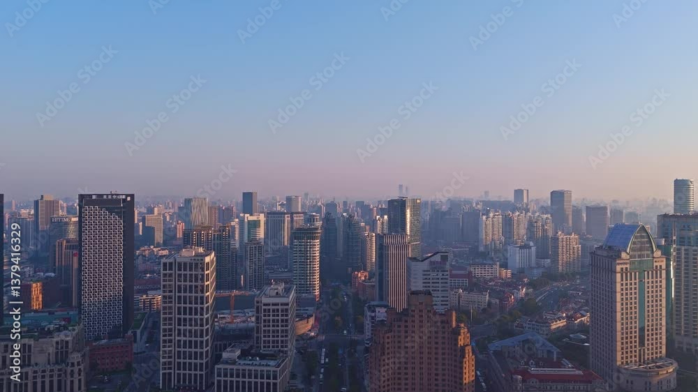 4K real time Aerial view of Shanghai modern buildings and traditional residential buildings at sunrise. 4K real time Aerial view of Shanghai modern buildings and traditional residential buildings at sunrise.